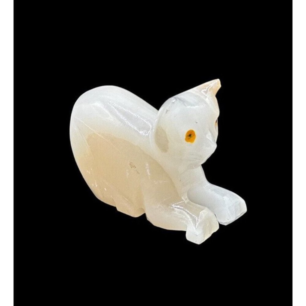 Yellow White Alabaster Banded Onyx Carved Cat Fetish Figurine Statue
